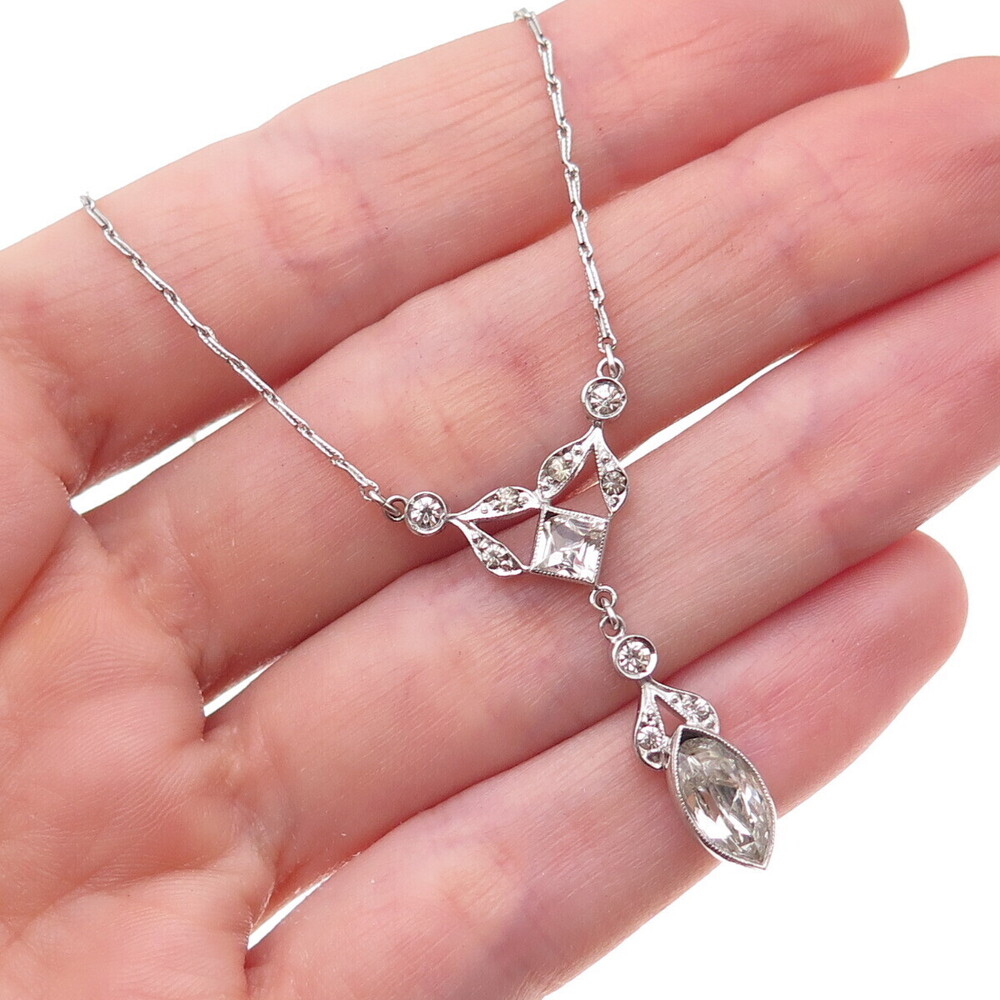 925 Sterling Silver Antique Art Deco Rhinestone Paperclip Chain Necklace 18"